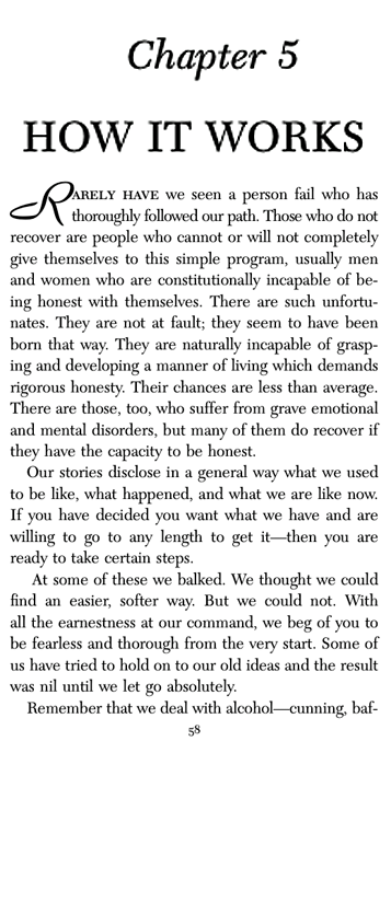An excerpt from Chapter 5 of the Big Book. This page, which includes the Twelve Steps, is often read at the start of meetings.