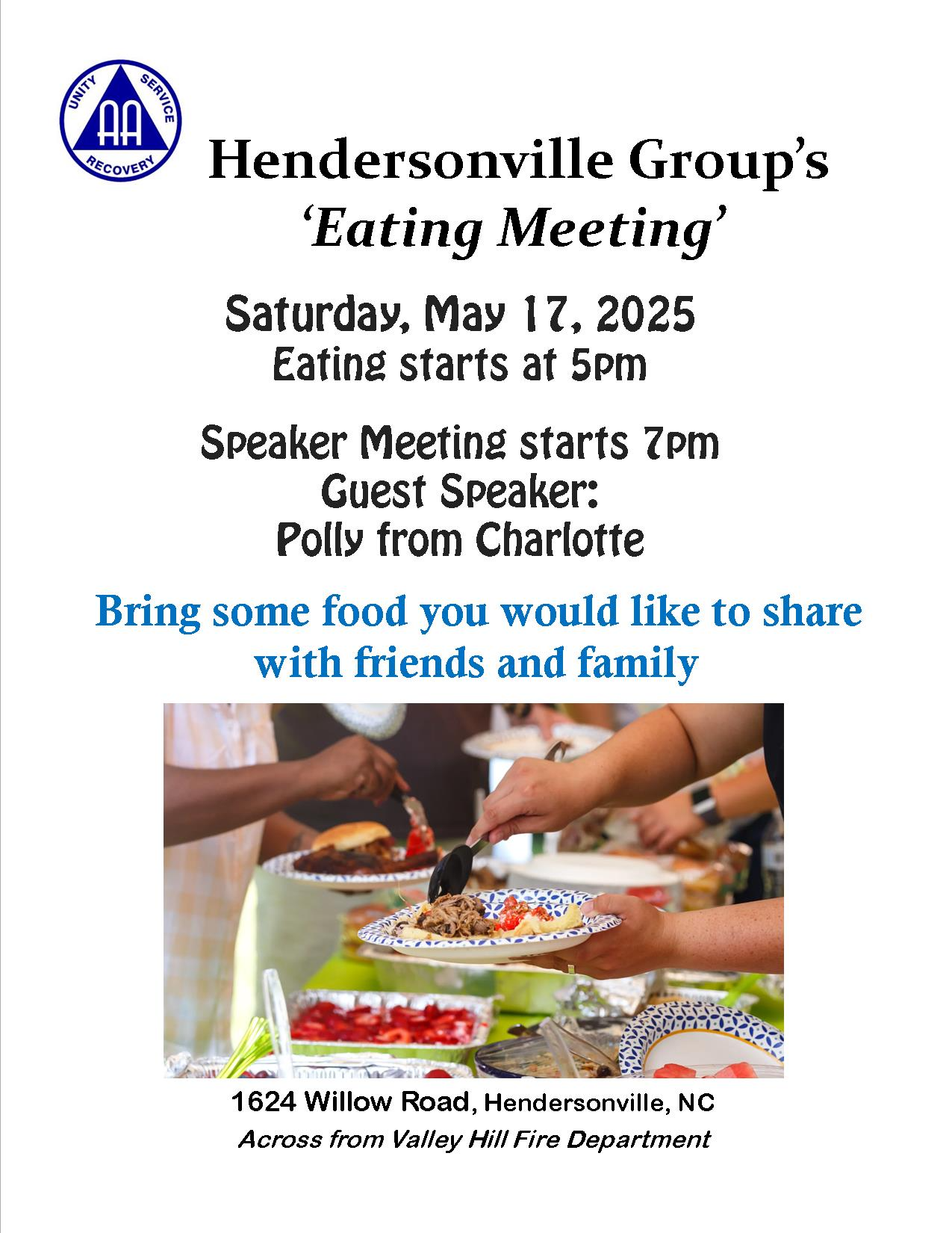Hendersonville Group Eating Meeting, May 17 5 PM, 1624 Willow Rd., Hendersonville