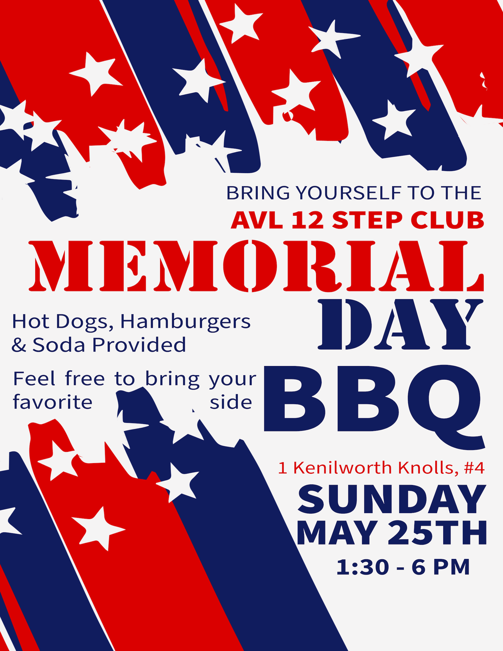 AVL 12 Step Memorial Day BBQ, May 25 1:30-6 PM, 1 Kenilworth Knolls, Asheville