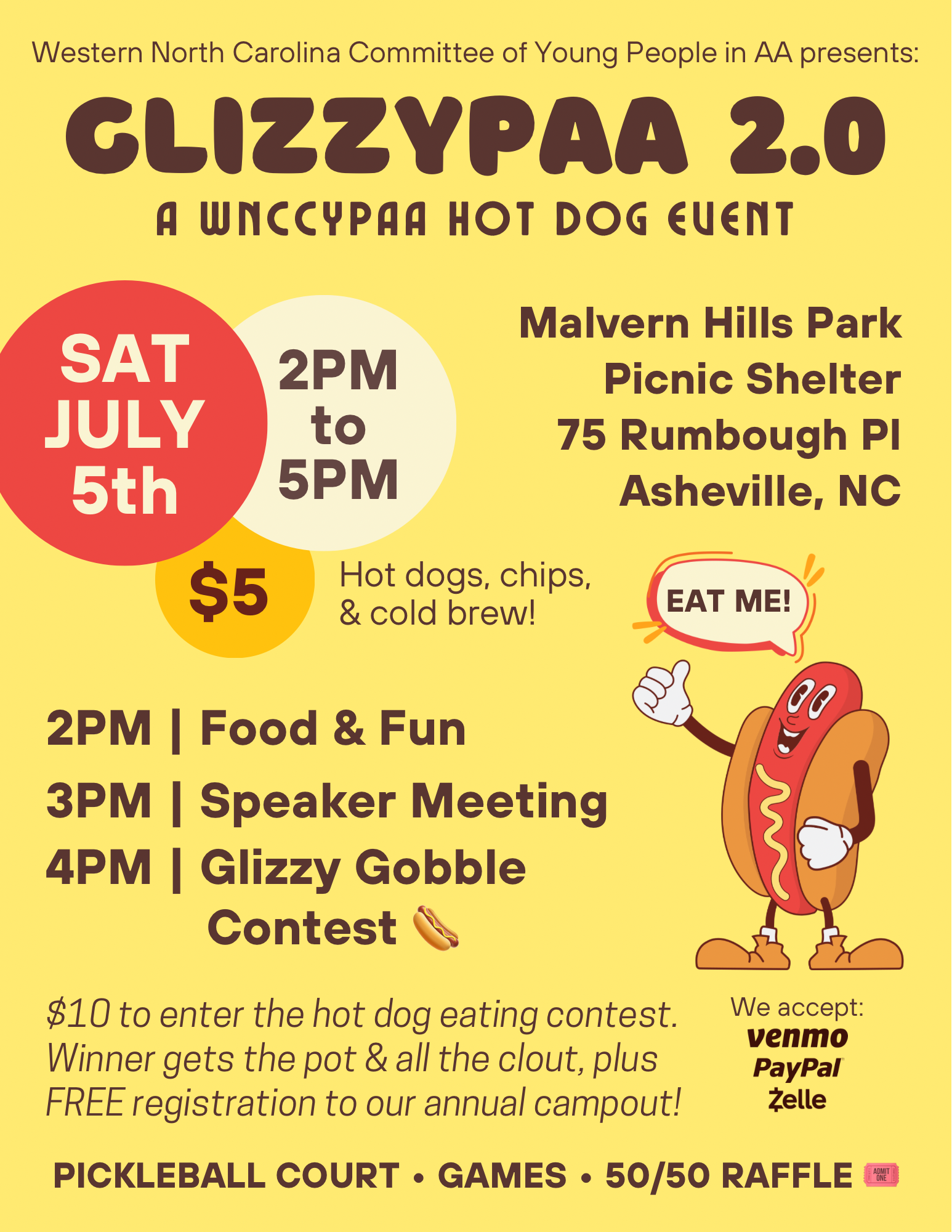 GLIZZYPAA Hot Dog Event, July 5, Malvern Hill Park Picnic Shelter, 75 Rumbough Pl, Asheville