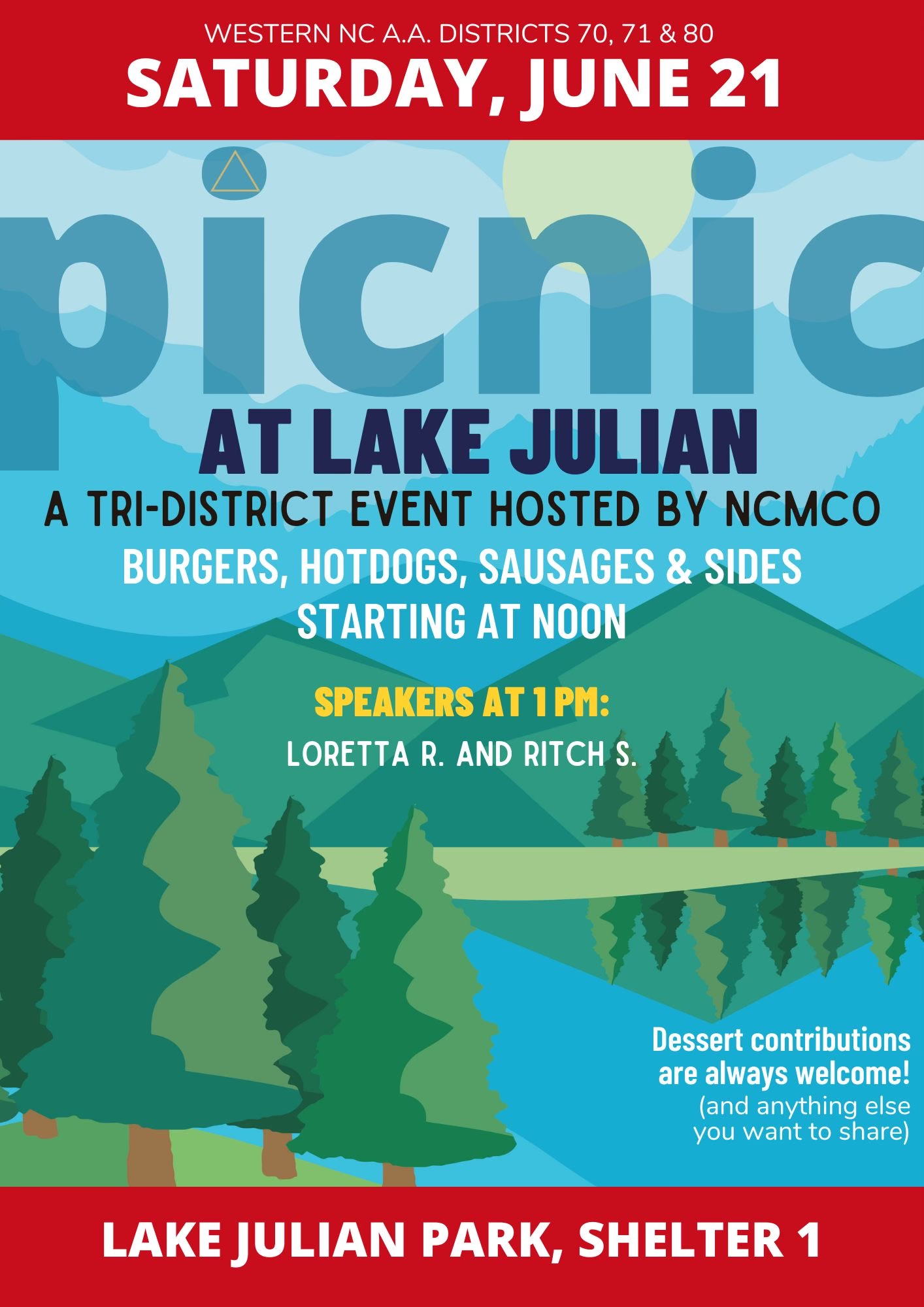 NCMCO Picnic, June 21, 12-4, Lake Julian Park, Arden, NC Food, Fun, & Speakers