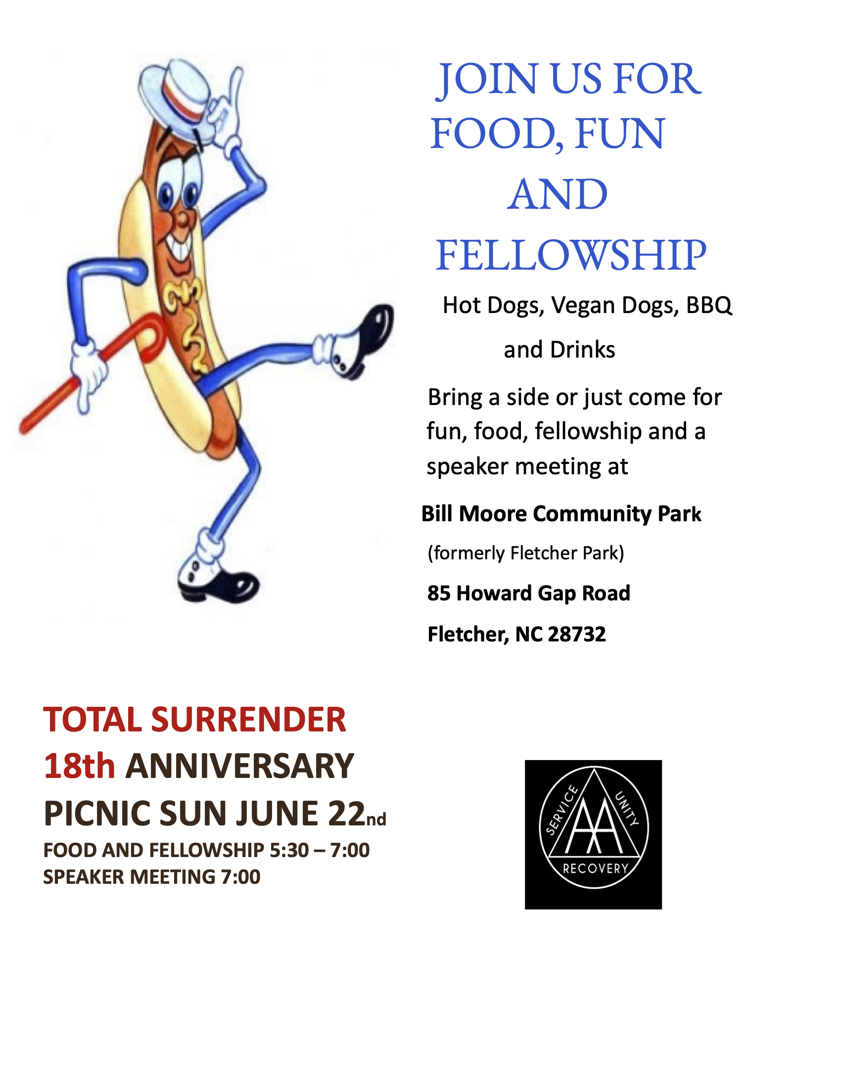 Total Surrender Picnic, 6/22 5:30-8:00 PM, Bill Moore Comm Pk, 85 Howard Gap Rd., Fletcher