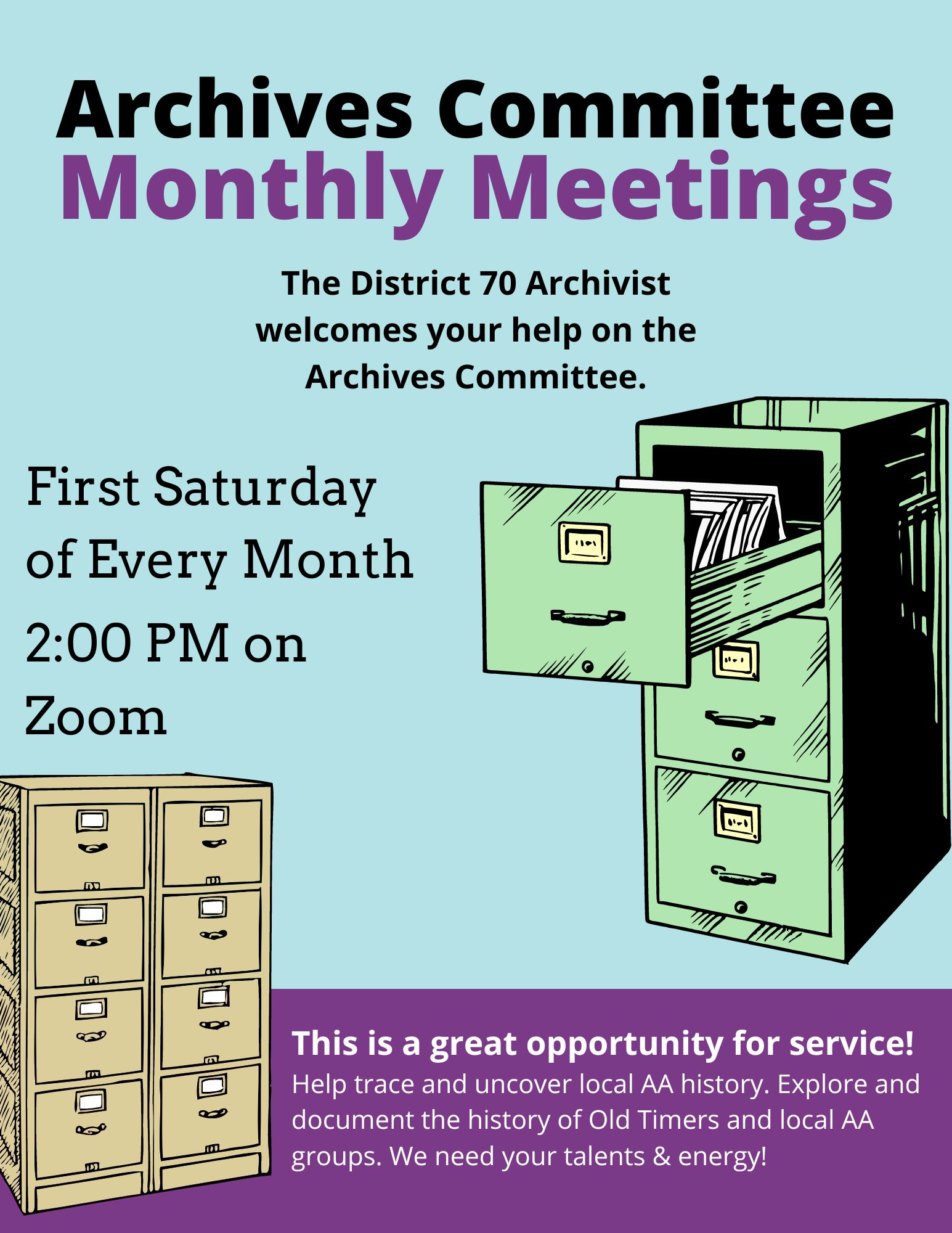 D70 Archives Committee Mtng, 1st Saturday of Mo, 2 PM, Zoom