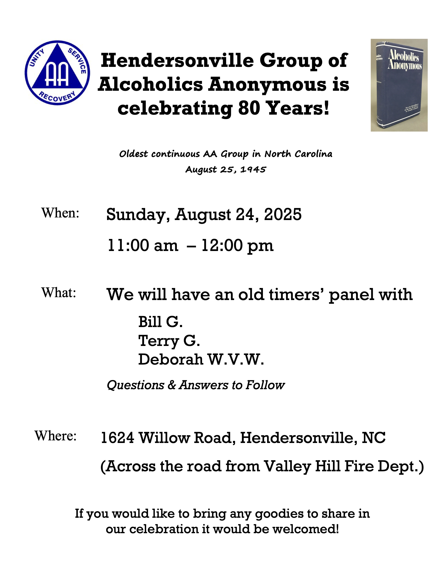 Hendersonville Grp 80th Anniversary - August 24, 1624 Willow Rd., Hendersonville