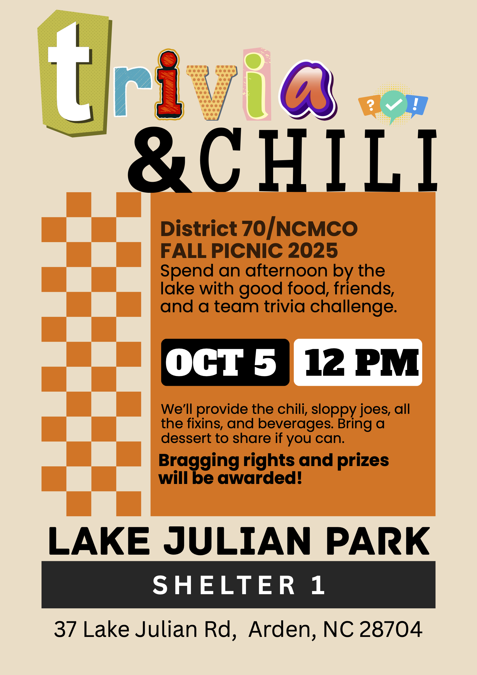 NCMCO/District 70 Annual Fall Picnic, Oct 5 12-5 PM, Lake Julian Park, Shelter #1