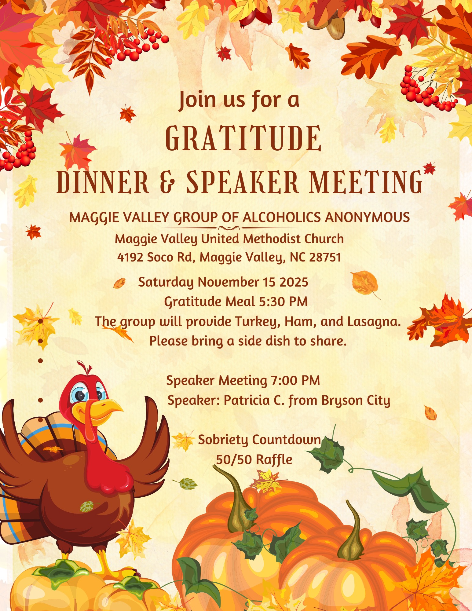Maggie Valley Grp Gratitude Dinner, November 15 5:30 - 8:30 PM, Maggie Valley UMC