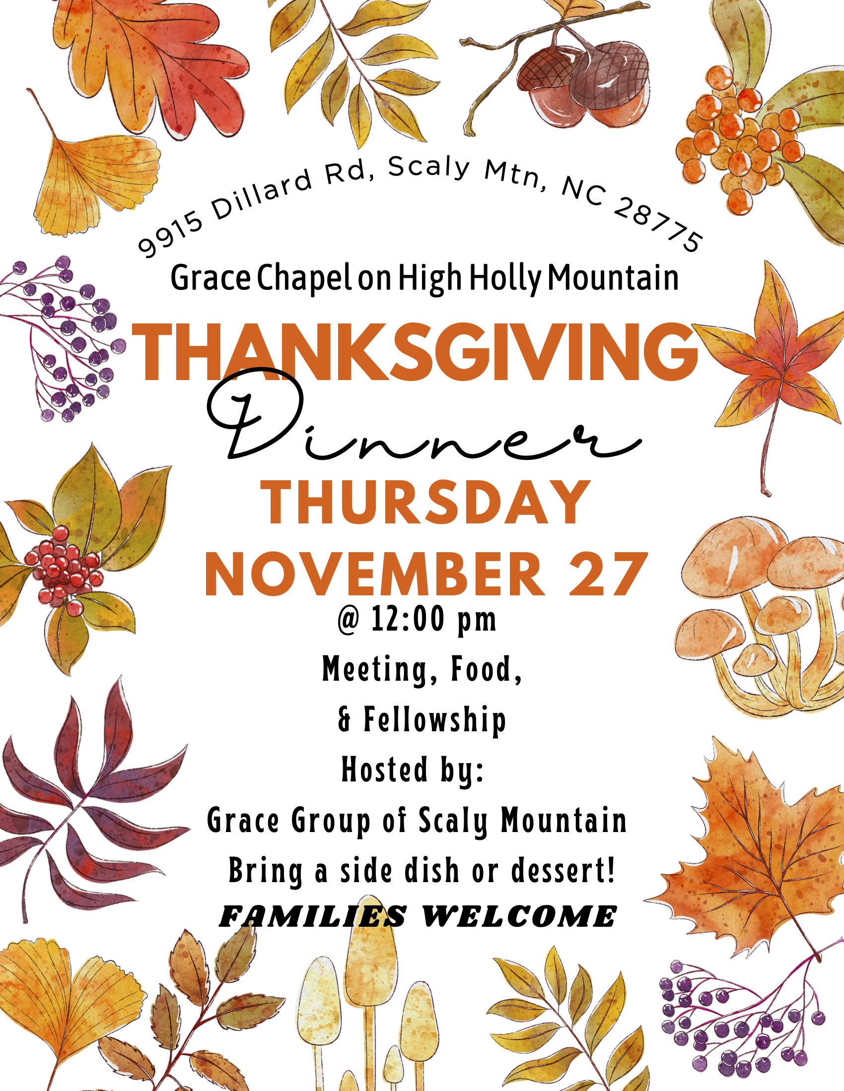 Scaly Mtn Thanksgiving, 11/27 12 PM, Grace Chapel, 9915 Dillard Rd., Scaly Mtn