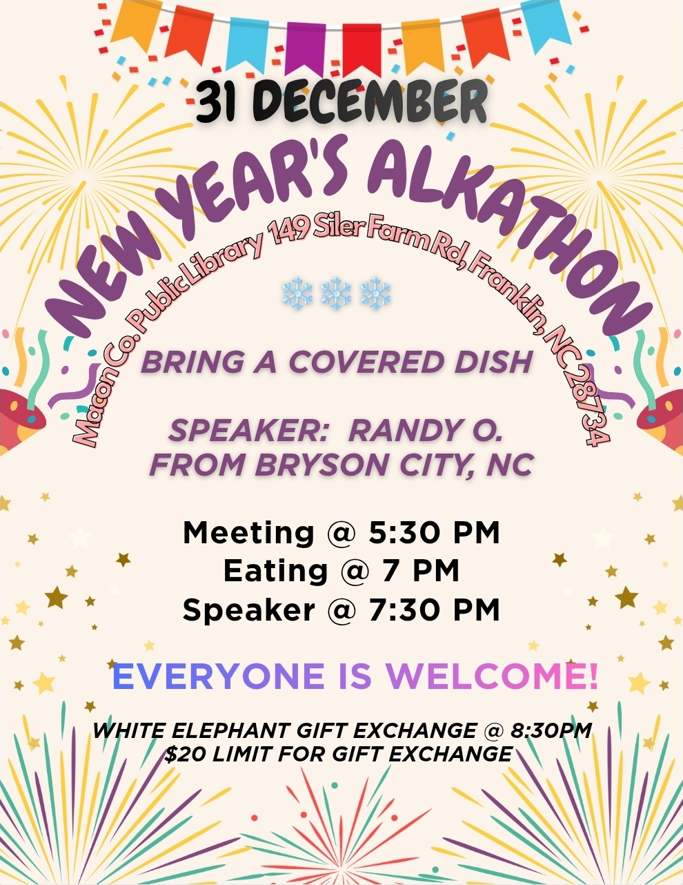 Franklin New Year Alkathon, 12/31 5:30 PM, Macon Cty Public Library, 149 Siler Farm Rd