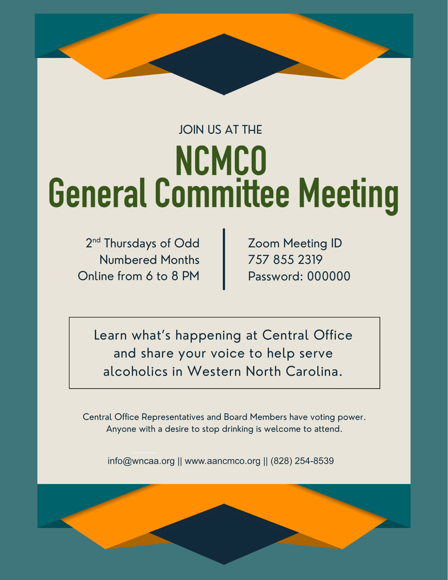 NCMCO General Committee Meeting, 2nd Thursday of Odd-numbered months at 6 PM on Zoom