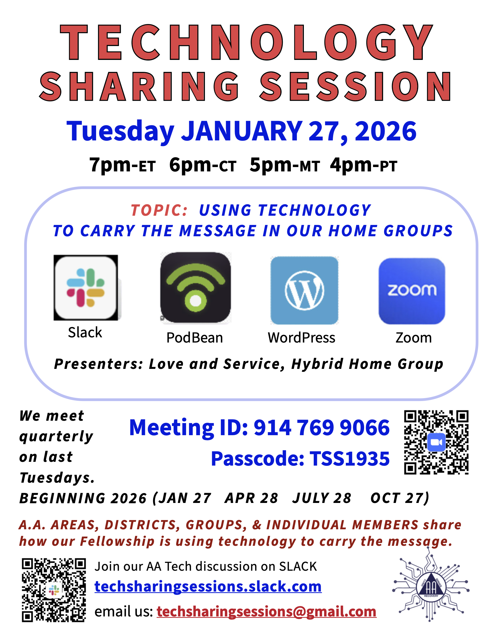 Tech Sharing Session, Jan 27 7 PM Meeting ID: 914 769 9066 Passcode: TSS1935
