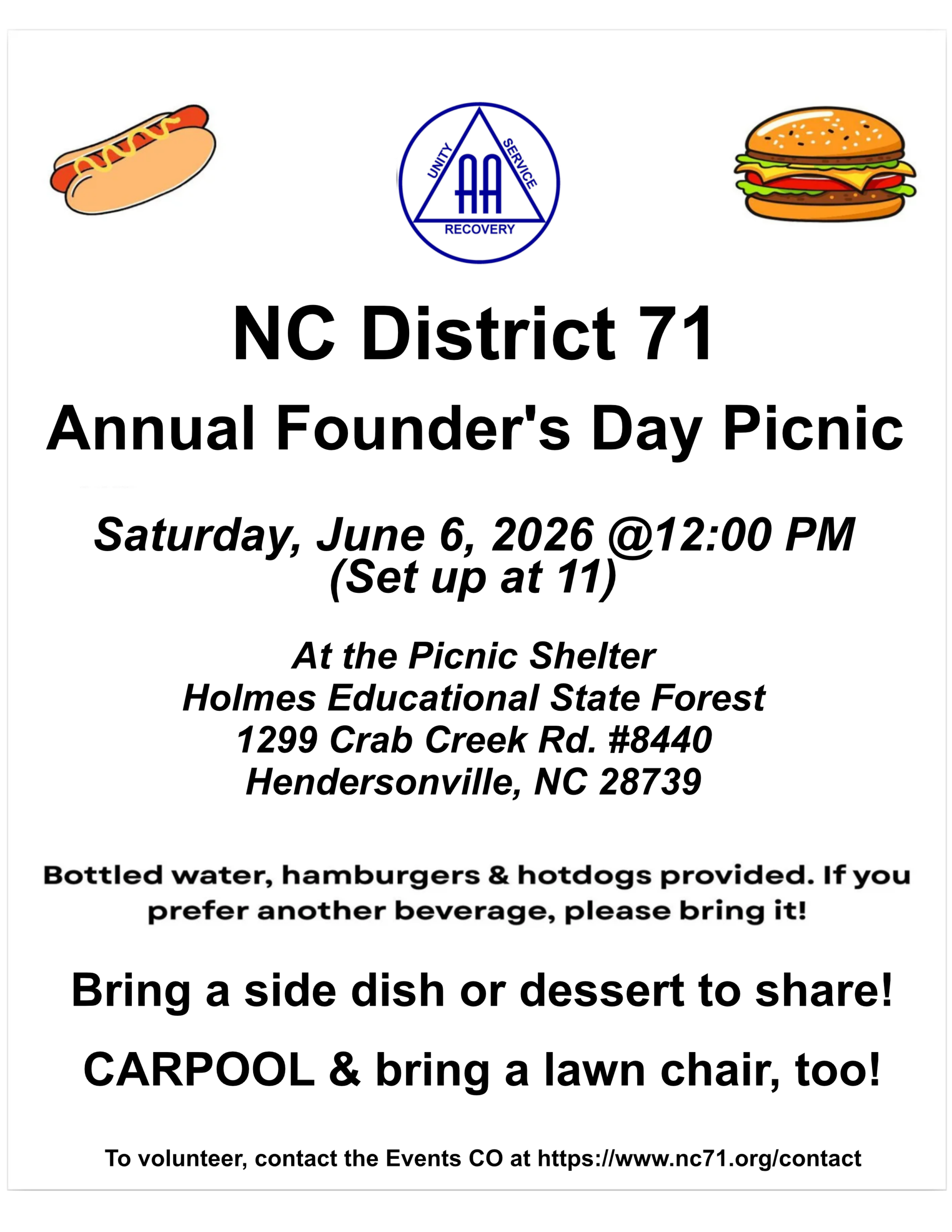 District 71 Founders Day Picnic, June 6 12 PM, Holmes Educational State Park, 1299 Crab Creek Rd. #8440, Hendersonville,