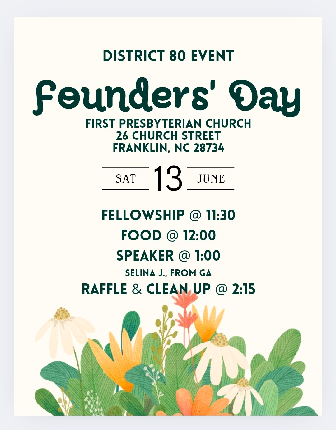 District 80 Founders Day Picnic, June 13 11:30 AM, First Presbyterian Church, 26 Church St., Franklin 28734