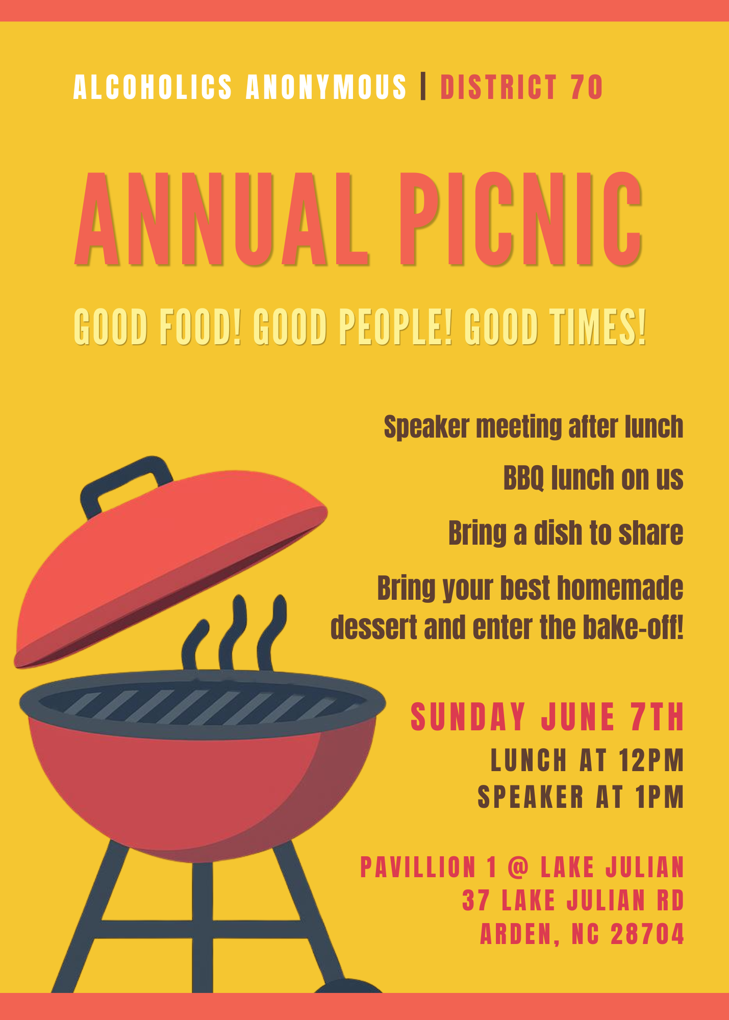 District 70 Picnic, June 7 12 PM, Lake Julian Park Pavillion 1