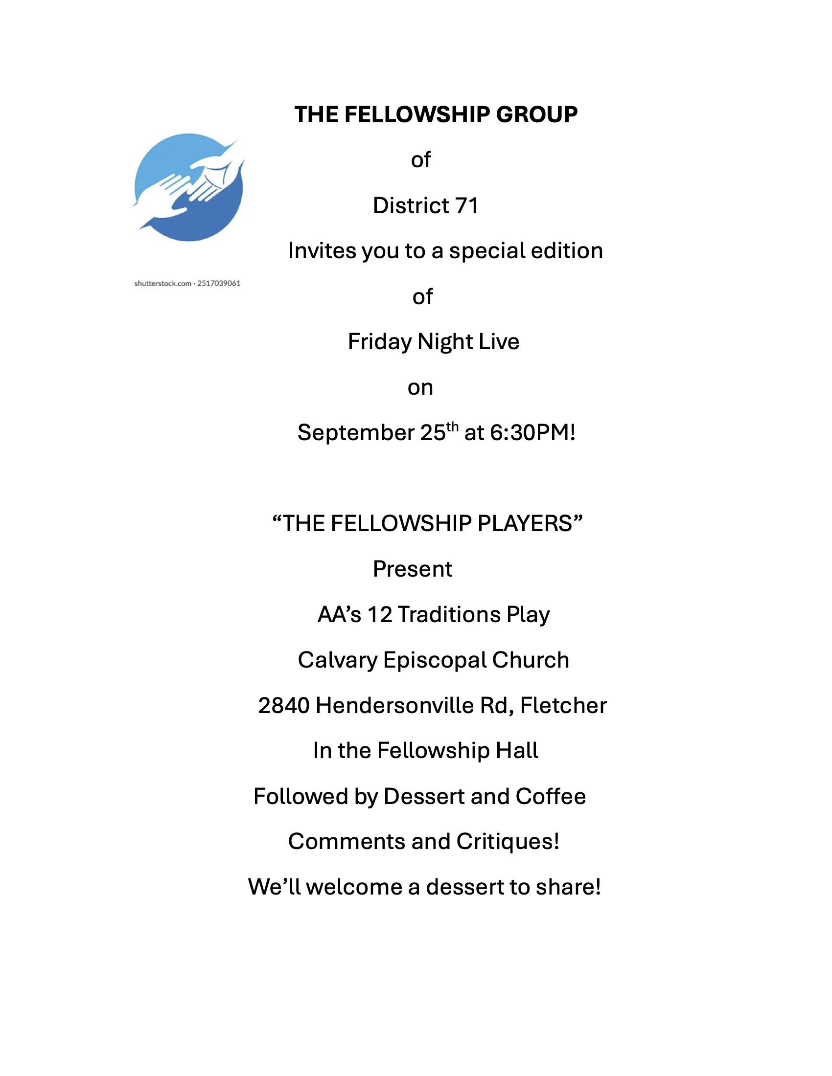Fellowship Grp Friday Night Live, Sep 25, 6:30 PM, Calvary Episc.
