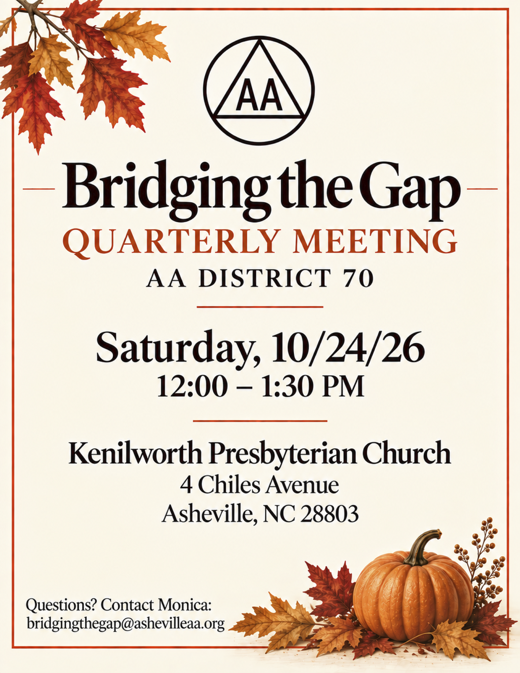 D70 BTG Qtrly Mtng, Sat 10/24 12-1:30 PM, Kenilworth Presb Ch