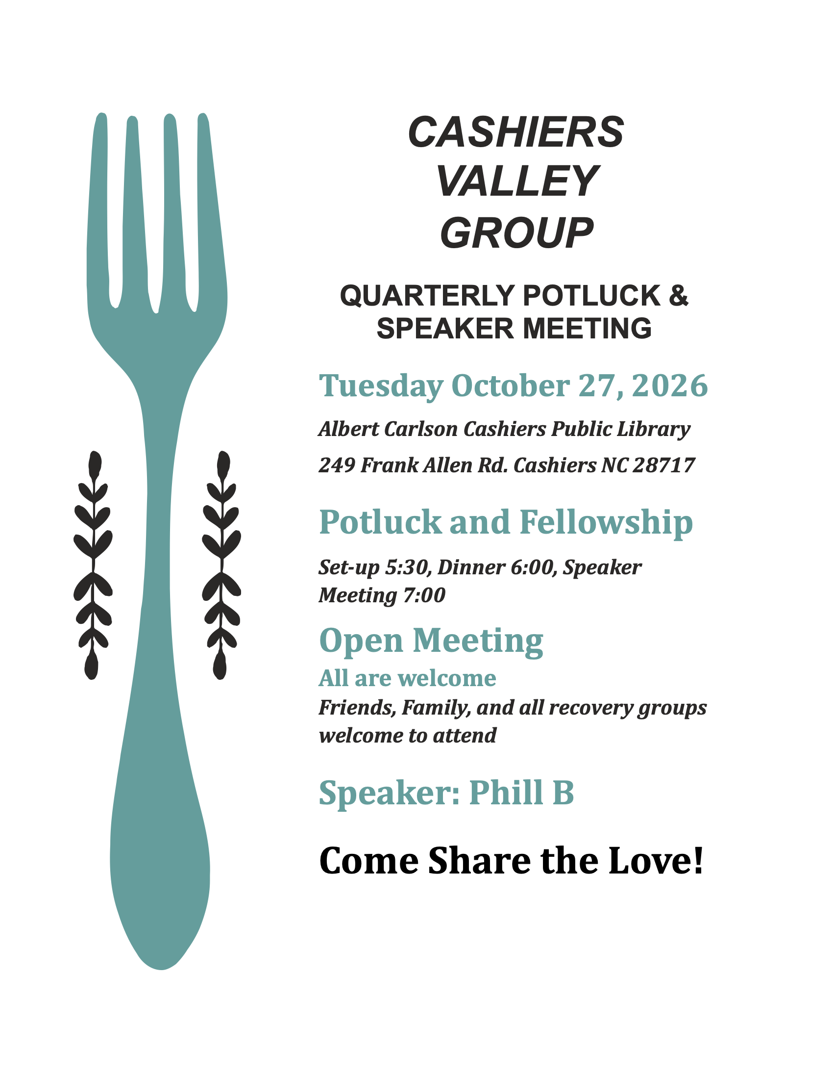 Cashiers Valley Potluck, Oct 27 5:30 PM, 249 Frank Allen Rd